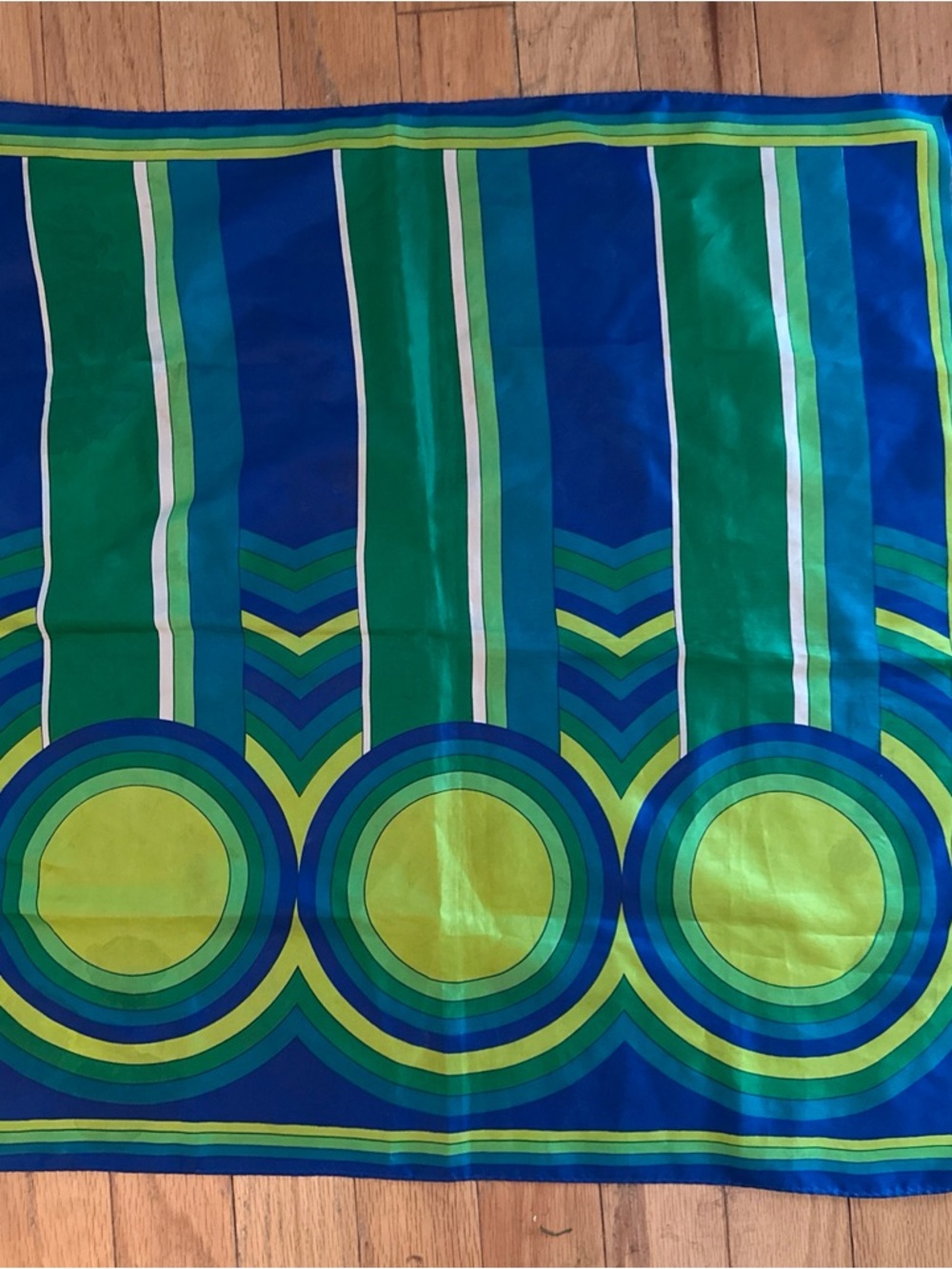 Vintage Green & Blue Geometric Silk Scarf - Designer Style 26” - Picture 2 of 4